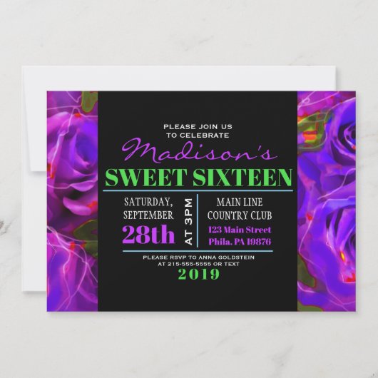 WATERVERF ROZEN NEON Sweet Sixteen Invitation Kaart (Voorkant)