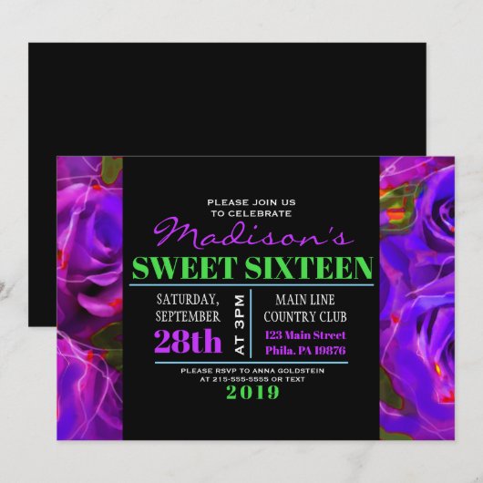 WATERVERF ROZEN NEON Sweet Sixteen Invitation Kaart (Voorkant / Achterkant)