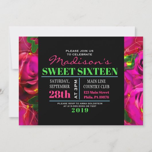 WATERVERF ROZEN NEON Sweet Sixteen Uitnodiging (Voorkant)