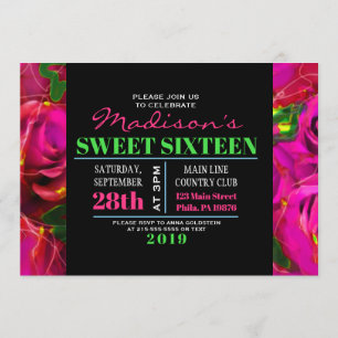 WATERVERF ROZEN NEON Sweet Sixteen Uitnodiging