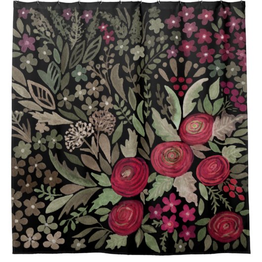 Waterverf rozen op een zwarte achtergrond, waterve douchegordijn (Voorkant)