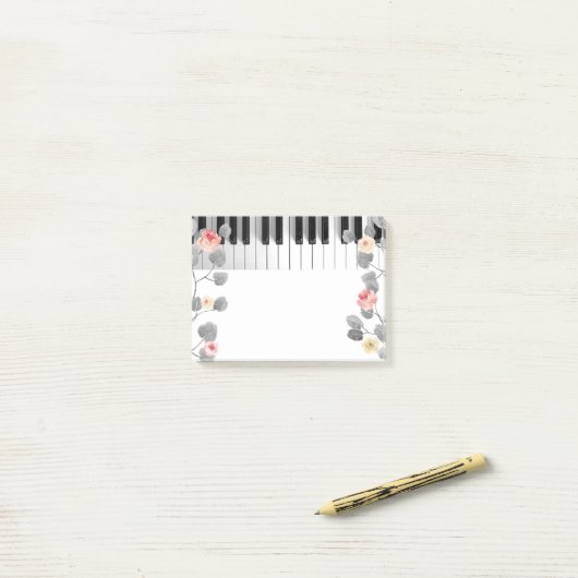 waterverf rozen op grijs gebladerte piano post-it® notes (Op bureau)