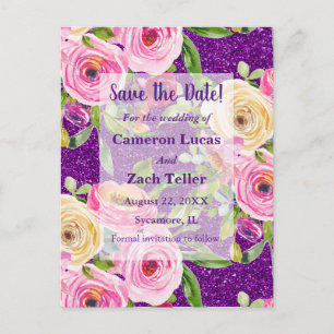 Waterverf Rozen op Paarse Glitter Save the Date Briefkaart