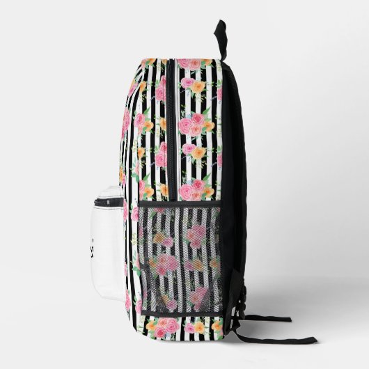 Waterverf Rozen op zwart-witte strepen Bedrukte Rugzak (Rechts)