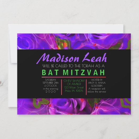 WATERVERF ROZEN PAARSE NEON Bat Mitzvah Kaart (Voorkant)