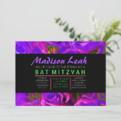 WATERVERF ROZEN PAARSE NEON Bat Mitzvah Kaart (Staand voorkant)