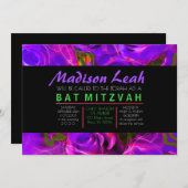 WATERVERF ROZEN PAARSE NEON Bat Mitzvah Kaart (Voorkant / Achterkant)