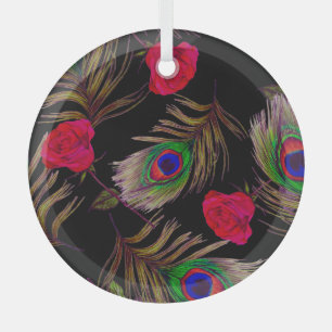 Waterverf rozen, pauwenveren, decoratief. glas ornament