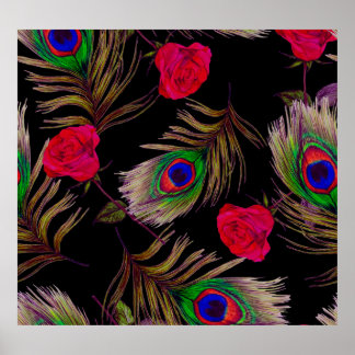 Waterverf rozen, pauwenveren, decoratief. poster