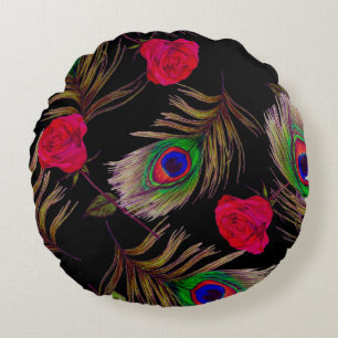 Waterverf rozen, pauwenveren, decoratief. rond kussen