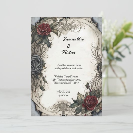 Waterverf Rozen Perkament Gothic Bruiloft Kaart (Staand voorkant)