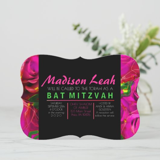 WATERVERF ROZEN PINK NEON Bat Mitzvah Kaart (Staand voorkant)