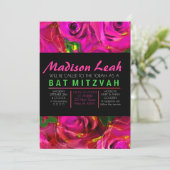 WATERVERF ROZEN PINK NEON Bat Mitzvah Uitnodiging (Staand voorkant)
