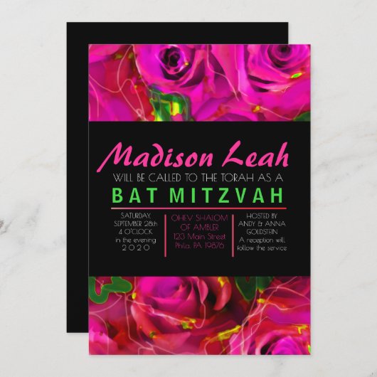 WATERVERF ROZEN PINK NEON Bat Mitzvah Uitnodiging (Voorkant / Achterkant)