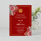 Waterverf Rozen Rode Gouden Chinese Bruiloft Folie Uitnodiging (Staand Voorkant)