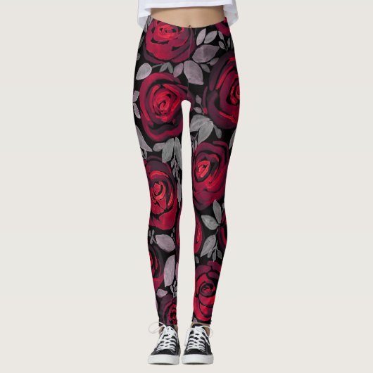 Waterverf rozen, rode rozen op zwart leggings (Voorkant)
