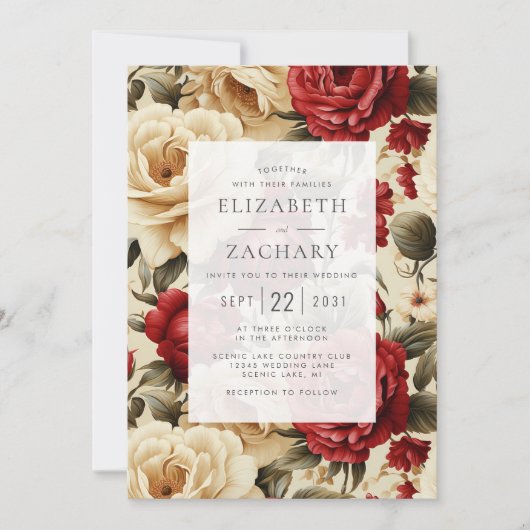  Waterverf Rozen rood ivoor groen bruiloft Kaart (Voorkant)