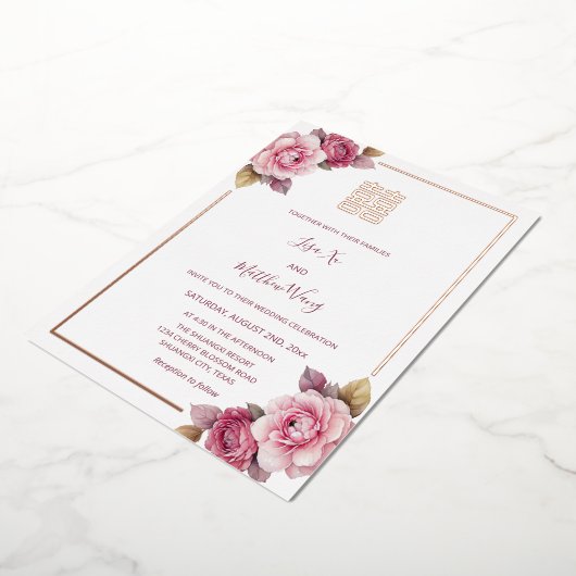 Waterverf Rozen | Roos Gouden Chinees Bruiloft Folie Uitnodiging (Gedraaid)