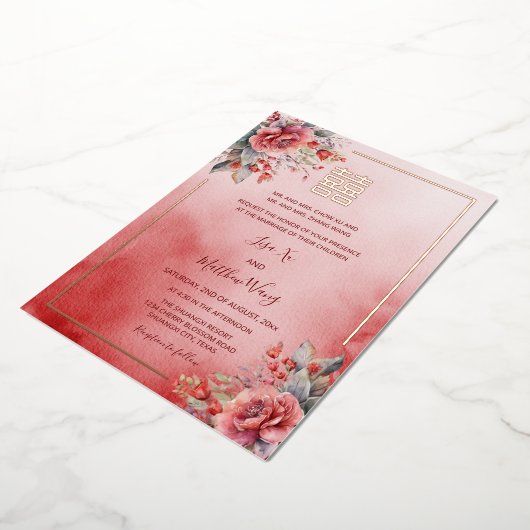 Waterverf Rozen Roos Gouden Chinese bruiloft Folie Uitnodiging (Gedraaid)