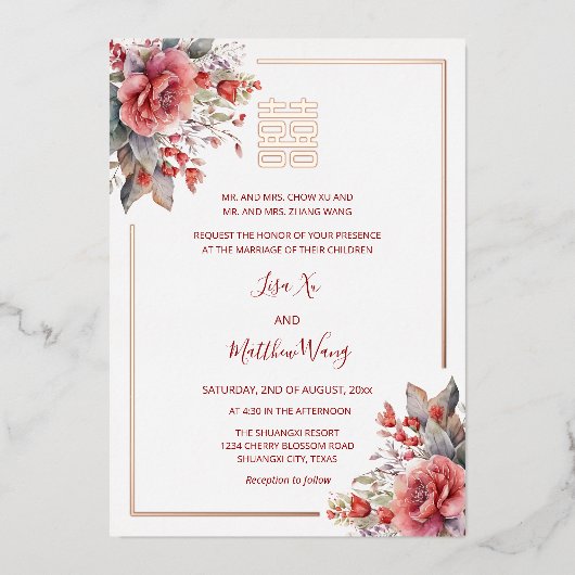 Waterverf Rozen Roos Gouden Chinese bruiloft Folie Uitnodiging (Voorkant)