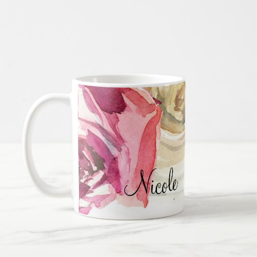 Waterverf Rozen Roze en Witte Chic Floral Glam Koffiemok (Links)
