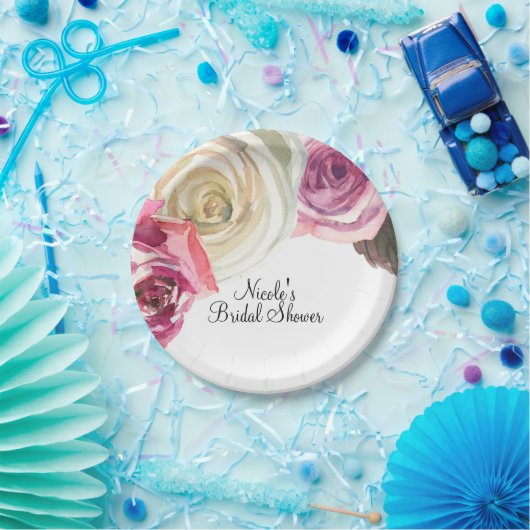 Waterverf Rozen Roze en Witte grafische Vrijgezell Papieren Bordje (Feest)