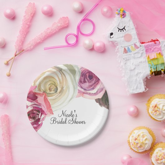 Waterverf Rozen Roze en Witte grafische Vrijgezell Papieren Bordje (Feest)