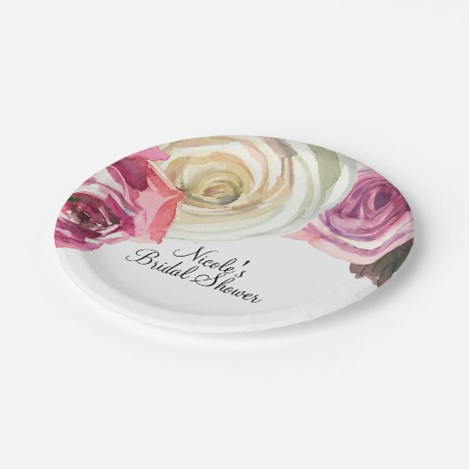 Waterverf Rozen Roze en Witte grafische Vrijgezell Papieren Bordje (Gekanteld)