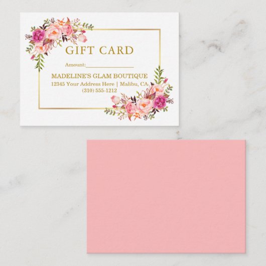 Waterverf Rozen Roze Floral Gold Gift Kaart (Voorkant / Achterkant)