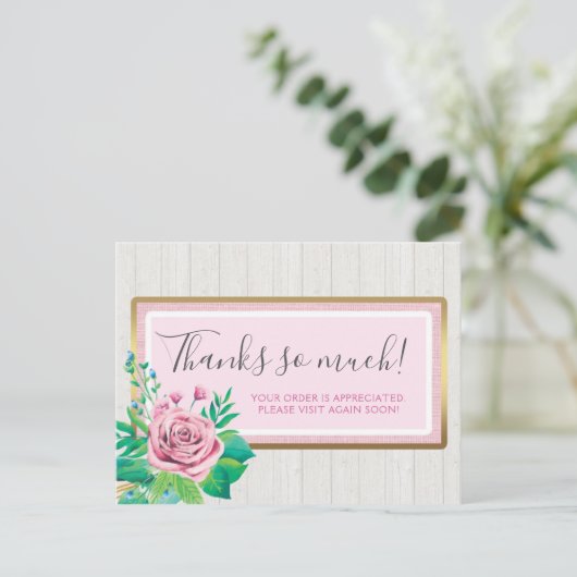 Waterverf Rozen & Roze hout Dank u Briefkaart (Staand voorkant)