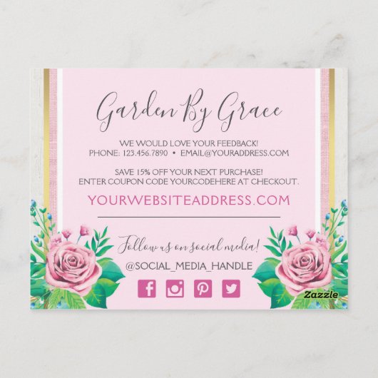 Waterverf Rozen & Roze hout Dank u Briefkaart (Achterkant)