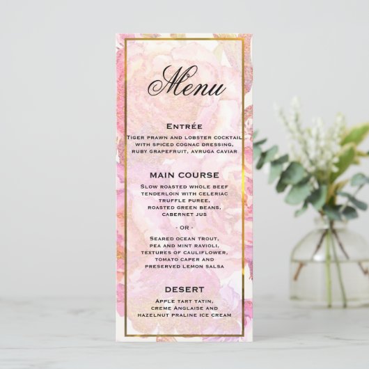Waterverf Rozen Roze menu (Staand voorkant)