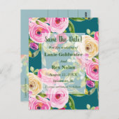 Waterverf Rozen Roze op Blauwgroen sparen de Datum Briefkaart (Voorkant / Achterkant)