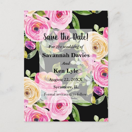 Waterverf Rozen Roze op zwart sparen de Datum Briefkaart (Voorkant)