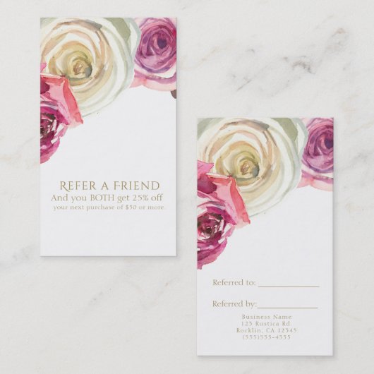 Waterverf Rozen Roze Witte Floral Verwijs een Vrie Aanbevelingskaartje (Voorkant / Achterkant)