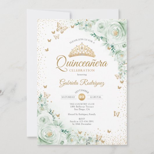 Waterverf Rozen Sage Groene Bloemen Quinceanera Kaart (Voorkant)