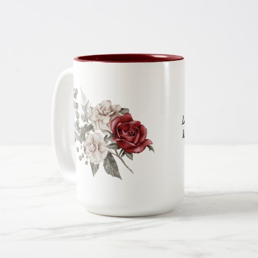 Waterverf Rozen Spring Bouquet & Love Quote Tweekleurige Koffiemok (Voorkant links)