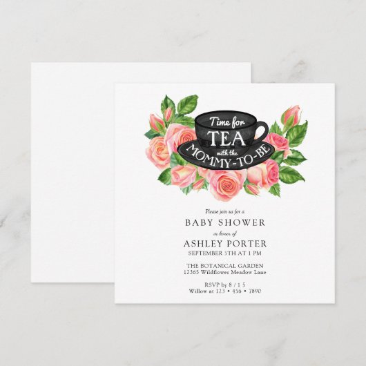 Waterverf Rozen | Tea Party Baby shower Kaart (Voorkant / Achterkant)