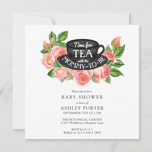 Waterverf Rozen | Tea Party Baby shower Kaart (Voorkant)