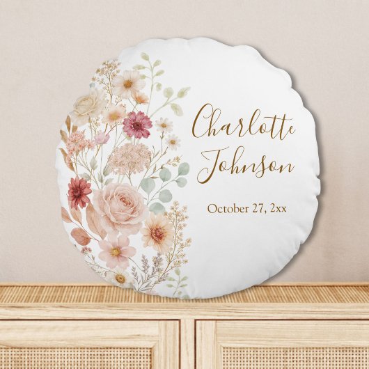 Waterverf Rozen Tuin Elegant Bloem Monogram Rond Kussen
