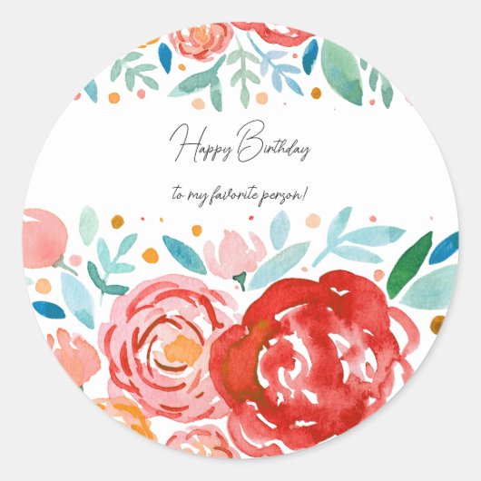 Waterverf rozen verjaardag ronde sticker (Voorkant)