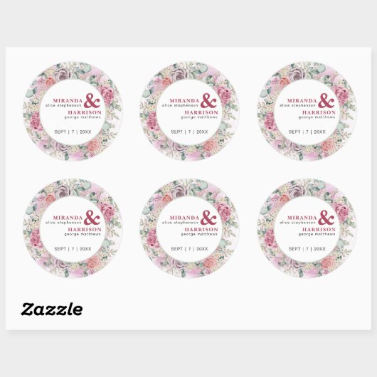 Waterverf Rozen Wedding Ronde Sticker (Vel)