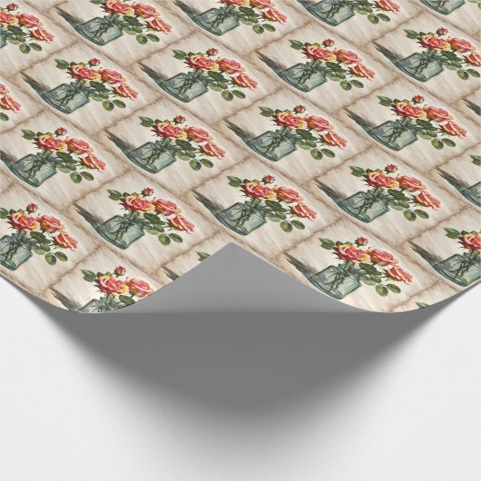 Waterverf rozenboeket in potje cadeaupapier (Hoek)