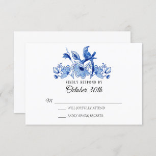 Waterverf RSVP Wedding Blue Chinoiserie Floral Kaart