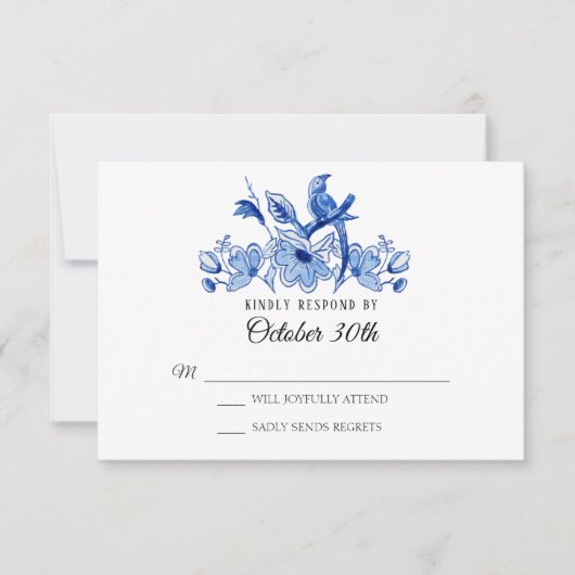 Waterverf RSVP Wedding Navy Chinoiserie Floral Kaart (Voorkant)