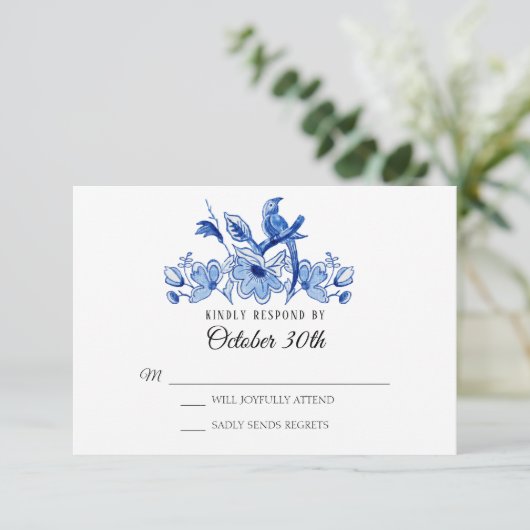 Waterverf RSVP Wedding Navy Chinoiserie Floral Kaart (Staand voorkant)