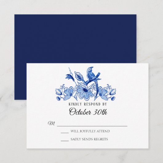 Waterverf RSVP Wedding Navy Chinoiserie Floral Kaart (Voorkant / Achterkant)