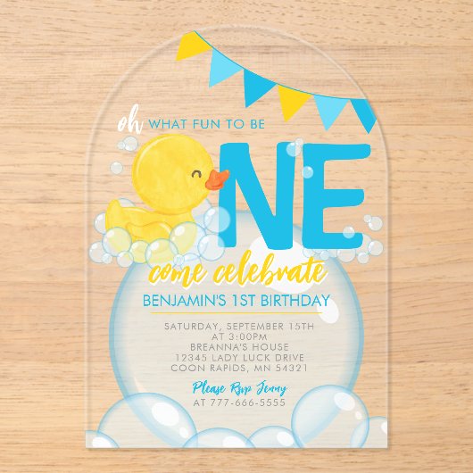 Waterverf Rubber Duck 1e verjaardag Uniek Acryl Uitnodigingen (Voorkant)