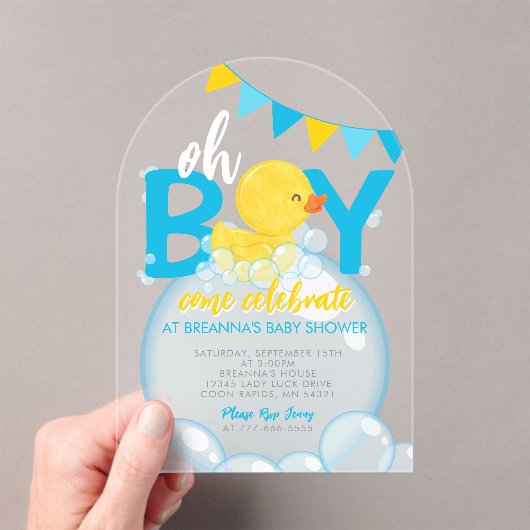 Waterverf Rubber Duck Boy Baby shower Uniek Acryl Uitnodigingen (Insitu (Draagbaar))