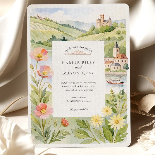 Waterverf RÜDESHEIM Duitsland Huwelijksuitnodiging Kaart